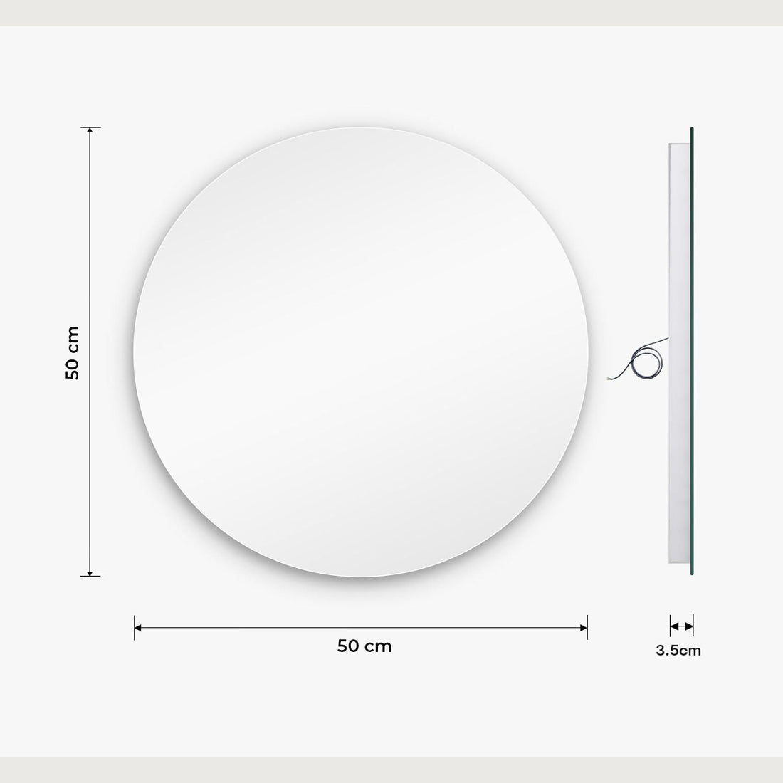 Oglinda de Perete Elindor® Rotunda, fara Rama, Decorativa, Eleganta, Ideala pentru Baie, Birou, Hol, Living, Dressing, Iluminare Led, Intensitate Ajustabila, Antiaburire, 3 Temperaturi de Culoare, 50 x 50 cm