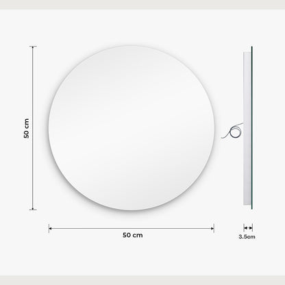 Oglinda de Perete Elindor® Rotunda, fara Rama, Decorativa, Eleganta, Ideala pentru Baie, Birou, Hol, Living, Dressing, Iluminare Led, Intensitate Ajustabila, Antiaburire, 3 Temperaturi de Culoare, 50 x 50 cm