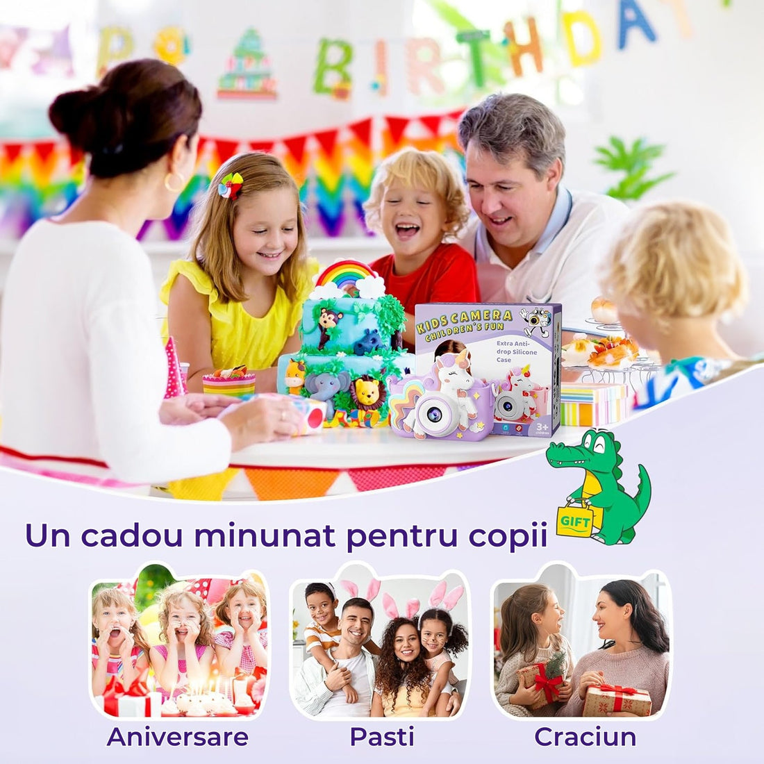 Cameră Foto Digitală pentru Copii Elindor® - Unicorn, 48MP, 1080P HD, Cadou Perfect pentru 3-12 Ani