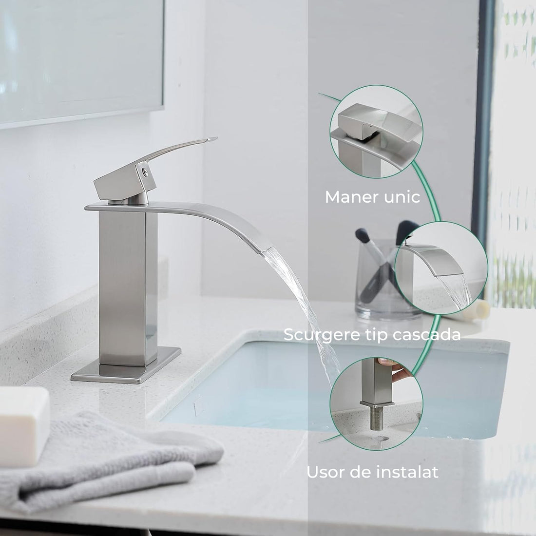 Baterie Cascadă Elindor® pentru Chiuveta Baie, Finisaj Nichel Satinat, Mâner Unic, Placă pentru 1 sau 3 Găuri