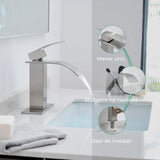 Baterie Cascadă Elindor® pentru Chiuveta Baie, Finisaj Nichel Satinat, Mâner Unic, Placă pentru 1 sau 3 Găuri