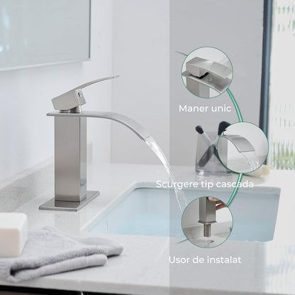 Baterie Cascadă Elindor® pentru Chiuveta Baie, Finisaj Nichel Satinat, Mâner Unic, Placă pentru 1 sau 3 Găuri