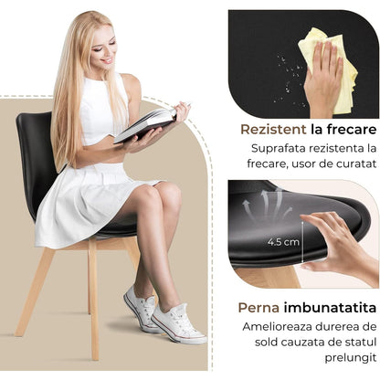 Set 4 Scaune Elindor® Stil Retro, Piele Ecologică și Picioare din Lemn, Negre