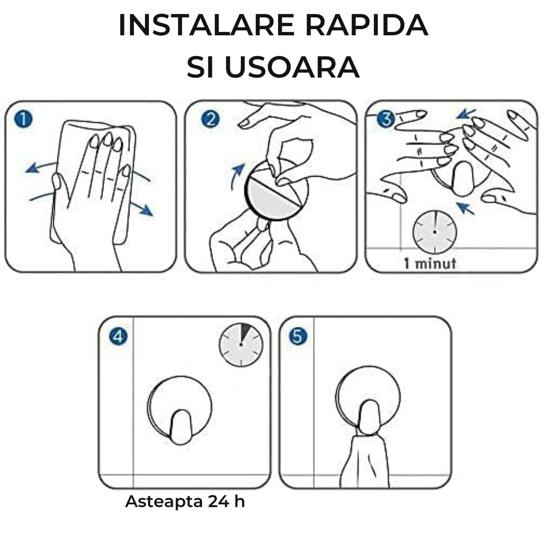 Set 4 Carlige Adezive din Otel Inoxidabil, Suporta pana la 6,8 kg, Design patrat si Colturi rotunde, Instalare Usoara, Ideal pentru Baie, Bucatarie sau Birou, Negru Mat