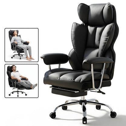 Scaun de Birou Elindor® Ergonomic, Design Contemporan, Scaun cu Spatar si Manere, din Piele PU cu Suport pentru Picioare si Lombar, cu Roti, 52 x 60 x 127 cm, Negru