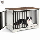 Cusca pentru Animale Elindor® Tip Mobila, Potrivita pentru Caini de Talie Medie, Utilizare in Interior, cu 2 Usi, o Usa Glisanta, Baza Solida, Marime L, 100 x 60 x 68 cm, Alb / Maro