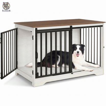 Cusca pentru Animale Elindor® Tip Mobila, Potrivita pentru Caini de Talie Medie, Utilizare in Interior, cu 2 Usi, o Usa Glisanta, Baza Solida, Marime L, 100 x 60 x 68 cm, Alb / Maro