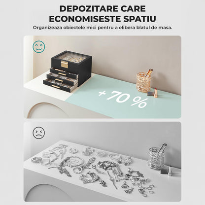 Cutie de Bijuterii Elindor® cu Capac, Organizator 4 Niveluri, 3x Sertar, Spatiu de Depozitare Inel, Verighete, Lantisoare, Bratari, Cercei, Caseta din Material Catifelat, Design Rafinat, Simplu si Elegant, Piele Ecologica Neagra, 23×20x16
