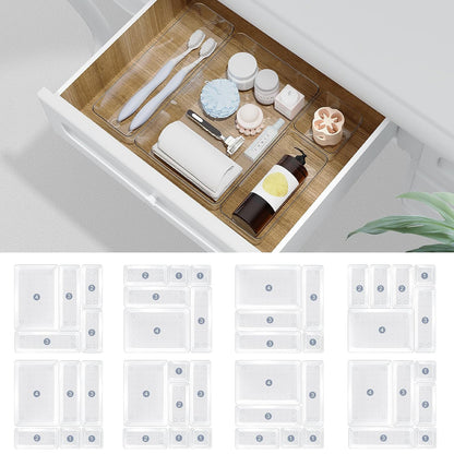 Set 12 Cutii Depozitare Elindor® Organizator pentru Bucatarie si Baie, 4 Marimi, Organizatoare Dulap si Sertare, Cutie pentru Sertar, Frigider, Camara, Baie, Bar, Birou, Cos Multifunctional, Separator Fructe, Legume, Creme, Parfumuri, Plastic Acrilic