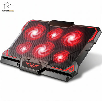Cooler Laptop Gaming RGB Elindor® Suport cu Unghi Reglabil, Dimensiuni Compatabile 12-17.3 Inch, 6 Ventilatoare Puternice si Silentioase 26dB, Viteza Ajustabila, 2 Porturi USB, pentru Birou, Calatorii, 41.7 × 30 × 3 cm, Negru