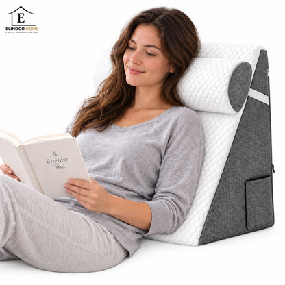 Perna Ergonomica Elindor®, Perna Wedge pentru Circulatie si Recuperare, Suport pentru Genunchi, Picioare si Trunchi, cu Spuma cu Memorie, Husa Textila, 50 x 50 x 26 cm, Gri / Alb