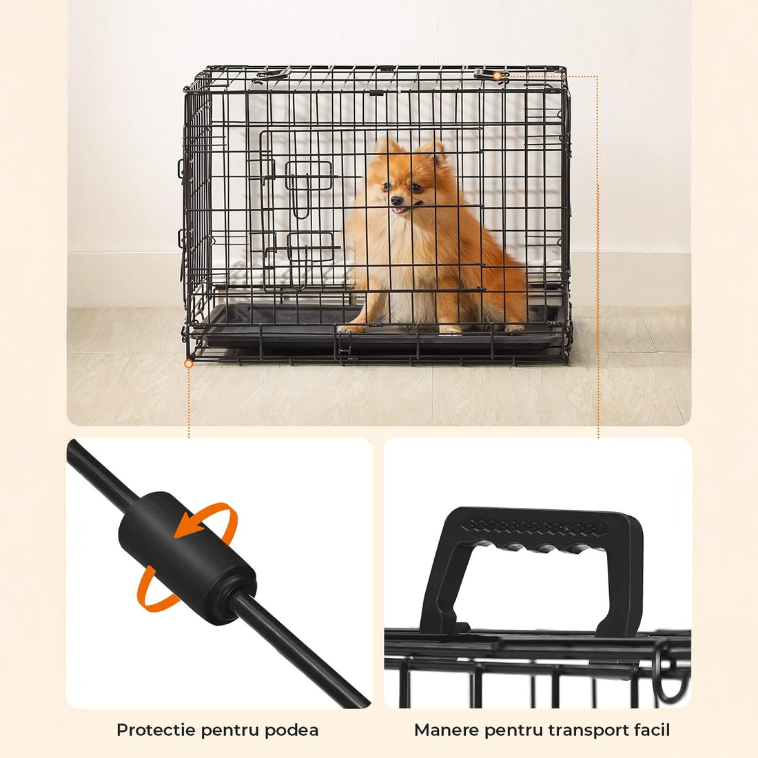 Cusca pentru Animale Elindor® Pliabila, Potrivita pentru Caini de Talie Mica, Medie de pana la 5 Kg, Utilizare in Interior si Exterior sau Calatorii, cu 2 Usi, Baza din Plastic Detasabila, 2 Manere pentru Transport, Marime S, 47 × 31 × 37.5 cm, Negru