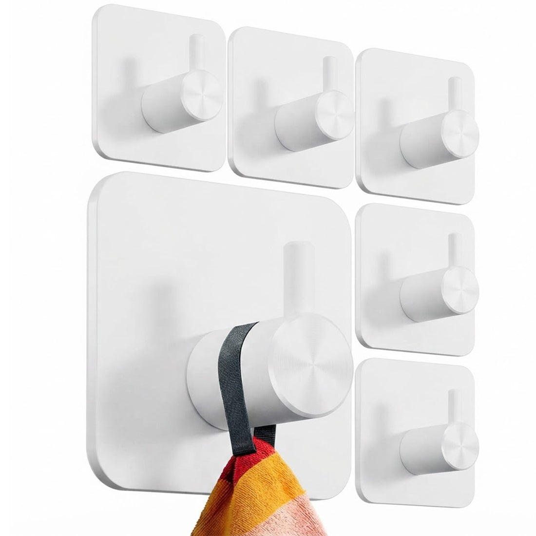 Set 6 Carlige Adezive Elindor® din Otel Inoxidabil, Montare Fara Gaurire, Greutate Mxima Suportata 10 kg, Design patrat si Colturi Rotunjite, Instalare Usoara, Ideal pentru Baie, Bucatarie sau Birou, 4.5 x 4.5 cm, Alb
