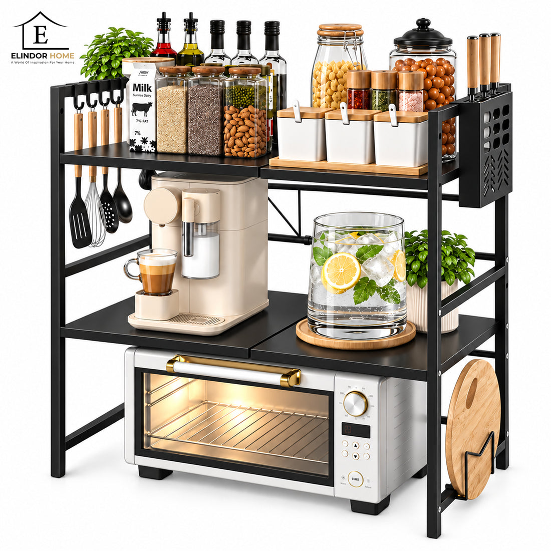Raft Extensibil Elindor® pe 2 Niveluri, din Otel Carbon, pentru Bucatarie, Organizator Metalic Reglabil, Ideal ca Etajera Depozitare in Camara, Perfect pentru Condimente, Polita Vesela, Farfurii, 40-64 x 36 x 79 cm, Negru