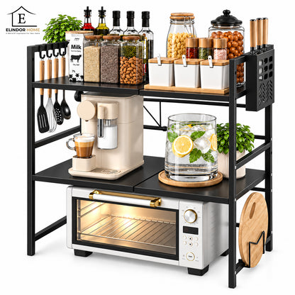Raft Extensibil Elindor® pe 2 Niveluri, din Otel Carbon, pentru Bucatarie, Organizator Metalic Reglabil, Ideal ca Etajera Depozitare in Camara, Perfect pentru Condimente, Polita Vesela, Farfurii, 40-64 x 36 x 79 cm, Negru