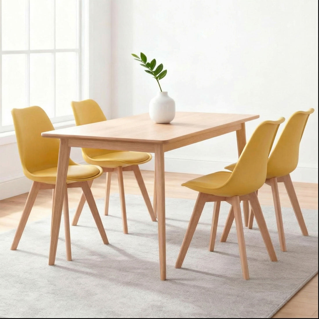 Set 4 Scaune Bucatarie Elindor® din Piele Ecologica, Picioare din Lemn, Scaun Confortabil, Perna Sezut, Elegant, pentru Bucatarie, Dormitor, Living, 50 x 45 x 81 cm, Galben