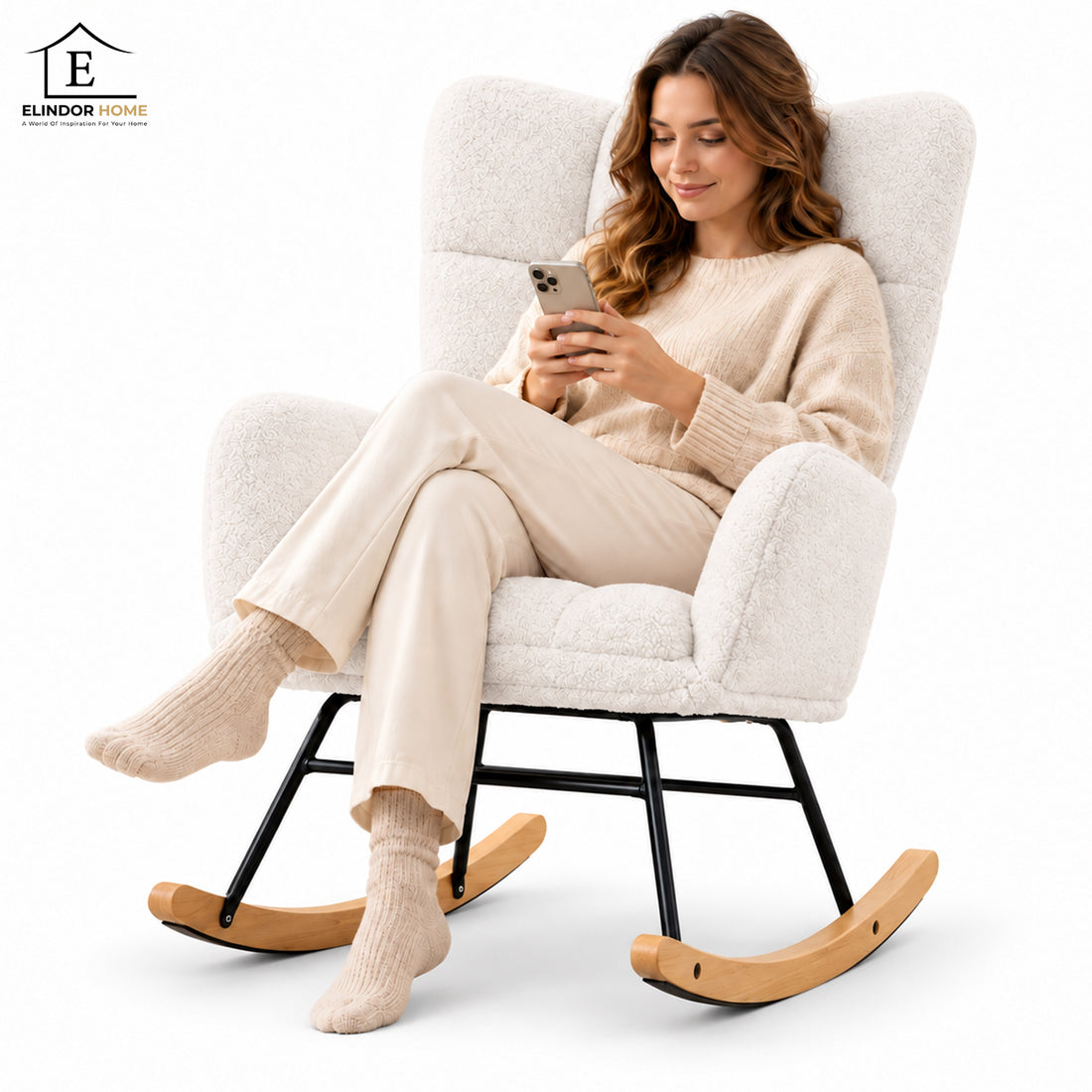 Fotoliu Balansoar Elindor® cu Spatar, Ergonomic, Cadru Solid din Otel, Ideal pentru Living, Dormitor, Camera Copilului, 68 x 88 x 93 cm, Alb
