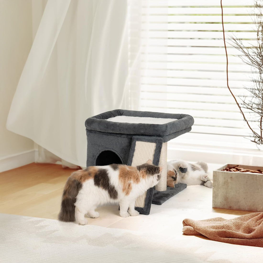 Ansamblu de Joaca Elindor® pentru Pisici, Post pentru Zgariat din Sisal, Stalp pentru Ascutit Gheare, Baza Solida, Pat Moale pentru Dormit, Accesorii Animale de Companie, Montare Usoare, Gri