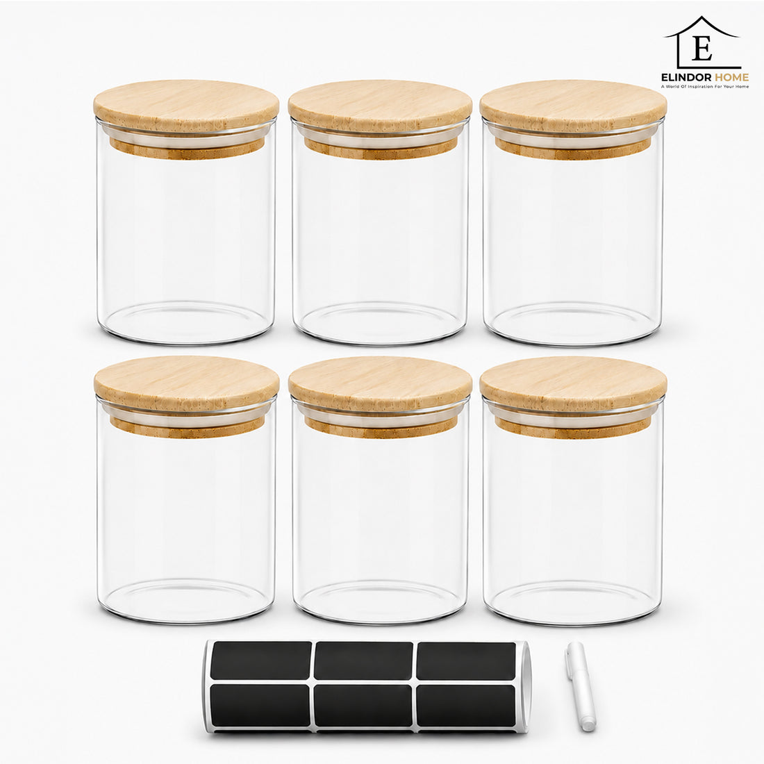 Set 6 Borcane din Sticla Elindor® cu Capac Ermetic din Bambus, Borcan 500 ml, Marker si Etichete Incluse, Ideal pentru Condimente, Fructe Uscate, Zahar, Cafea, Recipient Depozitare in Bucatarie, 10.8 × 8.5 cm, Transparent