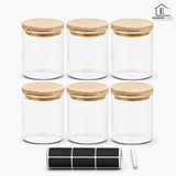 Set 6 Borcane din Sticla Elindor® cu Capac Ermetic din Bambus, Borcan 500 ml, Marker si Etichete Incluse, Ideal pentru Condimente, Fructe Uscate, Zahar, Cafea, Recipient Depozitare in Bucatarie, 10.8 × 8.5 cm, Transparent