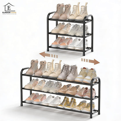 Organizator Extensibil pentru Pantofi Elindor® Pantofar cu 3 Nivele Mari, Fara Gauri, Suport Metalic pentru Papuci, Dulap Hol, Dormitor, Economisire Spatiu, Depozitare Incaltaminte, 45–83 × 22.6 × 43.3 cm, Negru
