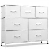 Comoda Elindor® cu 7 Sertare, Cadru Metalic, Blat Lemn, Sertare Textil, pentru Dormitor, Living, Depozitare Haine, Jucarii, Accesorii, 100 × 30 × 77 cm, Alb