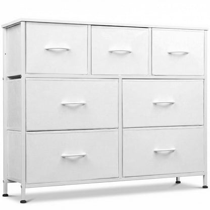 Comoda Elindor® cu 7 Sertare, Cadru Metalic, Blat Lemn, Sertare Textil, pentru Dormitor, Living, Depozitare Haine, Jucarii, Accesorii, 100 × 30 × 77 cm, Alb