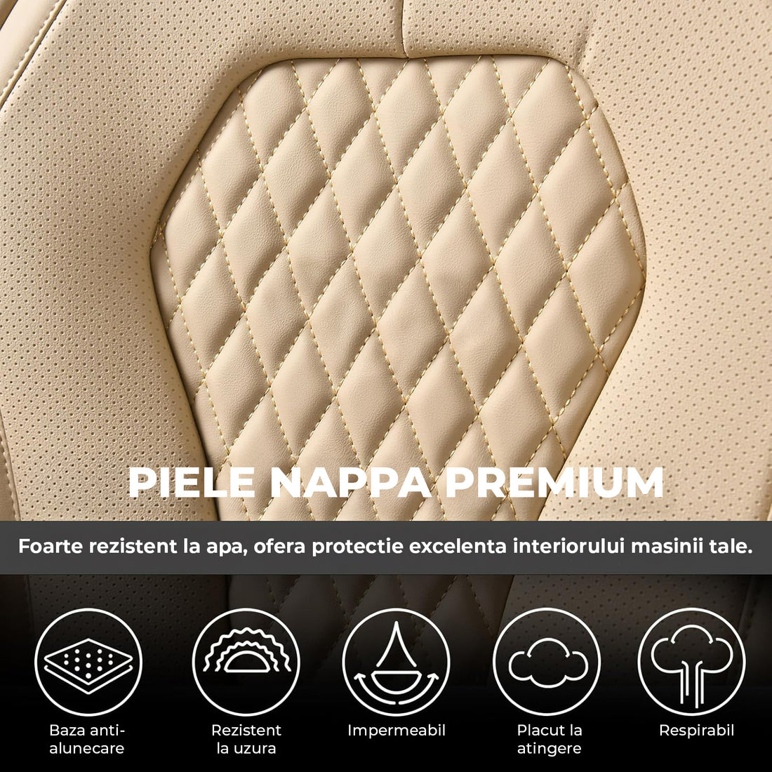 Set 5 Huse Scaune Auto Elindor® Universale, Husa pentru Protectie Sezut si Spatar Scaun Fata si Bancheta Spate, Impermeabila, Piele Nappa, Accesorii Masina Huse Interior, Bej