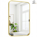 Oglinda Decorativa Elindor® Agatare pe Perete sau Sprijinita, Aurie, Dreptunghiulara, Colturi Rotunjite, Moderna si Eleganta, Reflexie HD, Sticla fara Distorsiuni, Ideala pentru Dormitor, Living, Birou, Dressing, Hol, Baie, Rama Metalica, 90x60 cm