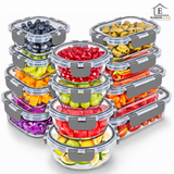 Set de 12 Caserole Elindor® din Sticla Borosilicata, Recipiente Ingrediente pentru Bucatarie, pentru Alimente Uscate, Recipient pentru Depozitare Zahar, Cafea, Paste, Cereale, Capac Etans, 320–1040 ml, Gri