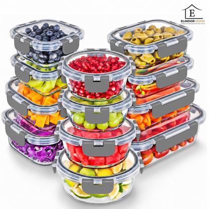 Set de 12 Caserole Elindor® din Sticla Borosilicata, Recipiente Ingrediente pentru Bucatarie, pentru Alimente Uscate, Recipient pentru Depozitare Zahar, Cafea, Paste, Cereale, Capac Etans, 320–1040 ml, Gri