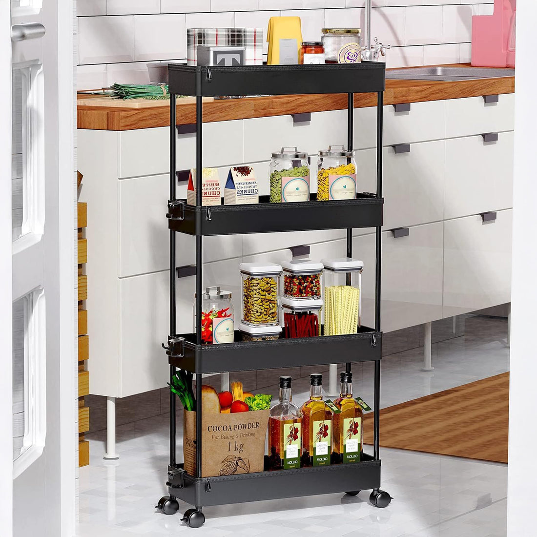 Carucior Organizator 4 Niveluri Elindor® Modular, cu Roti 360°, Organizator Bucatarie, Multifunctional, Raft Mobil Organizare Baie, Camara, Birou, Bar, 85 × 12.5 × 38.8 cm, Negru