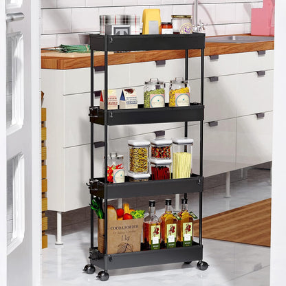 Carucior Organizator 4 Niveluri Elindor® Modular, cu Roti 360°, Organizator Bucatarie, Multifunctional, Raft Mobil Organizare Baie, Camara, Birou, Bar, 85 × 12.5 × 38.8 cm, Negru