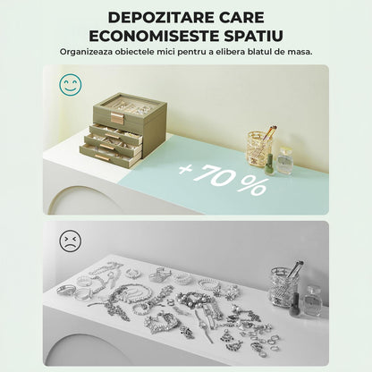 Cutie de Bijuterii Elindor® cu Capac, Organizator 4 Niveluri, 3x Sertar, Spatiu Depozitare Inel, Verighete, Lantisoare, Bratari, Cercei, Caseta din Material Catifelat, Rafinat, Simplu si Elegant, Piele Ecologica, 23×20x16.5 cm, Verde Masliniu