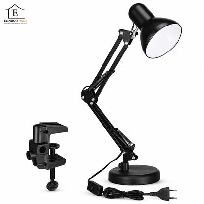 Lampa de Birou Elindor® Neagra cu LED, 3 Moduri Lumina Camera Rece/Cald si 10 Intensitati, Soclu Compatibil E26/E27, Veioza cu 2 Moduri de Utilizare cu Clema sau pe Birou, Brat Reglabil, Protectie pentru Ochi