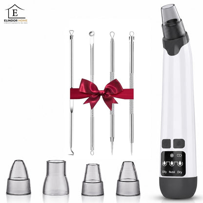 Aparat pentru Puncte Negre Elindor® Aspirator Reglabil, 4 Capete Incluse, 3 Trepte de Viteza, Ingrijirea Tenului, Alb
