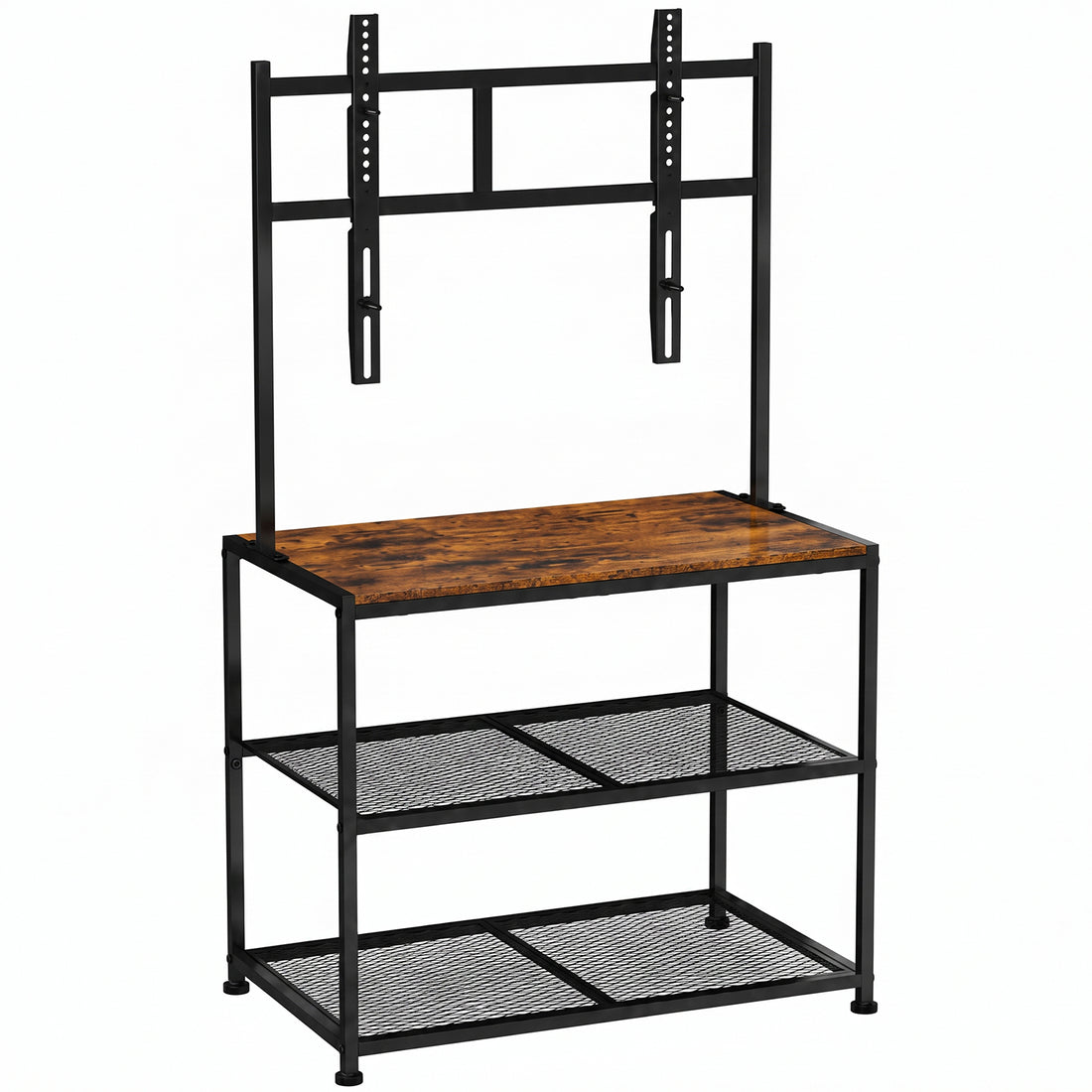 Suport TV Premium Elindor®, Stand cu Montaj pentru Televizoare 23-50 inch, Raft 3 Polite de Depozitare, Latime si Picioare Reglabile, din Cadru Metalic si Lemn, pentru Living si Dormitor, 43.2 x 33.4 x 17.7 cm, Maro Rustic