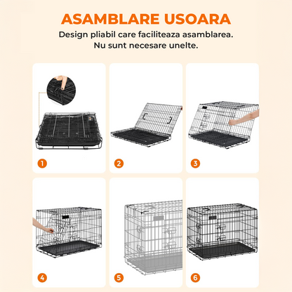 Cusca pentru Animale Elindor® Pliabila, Potrivita pentru Caini de Talie Medie si Mare de 23 Kg, Utilizare in Interior si Exterior sau Calatorii, cu 2 Usi, Baza din Plastic Detasabila, 2 Manere pentru Transport, Marime XXL, 107×69.5×75 cm,