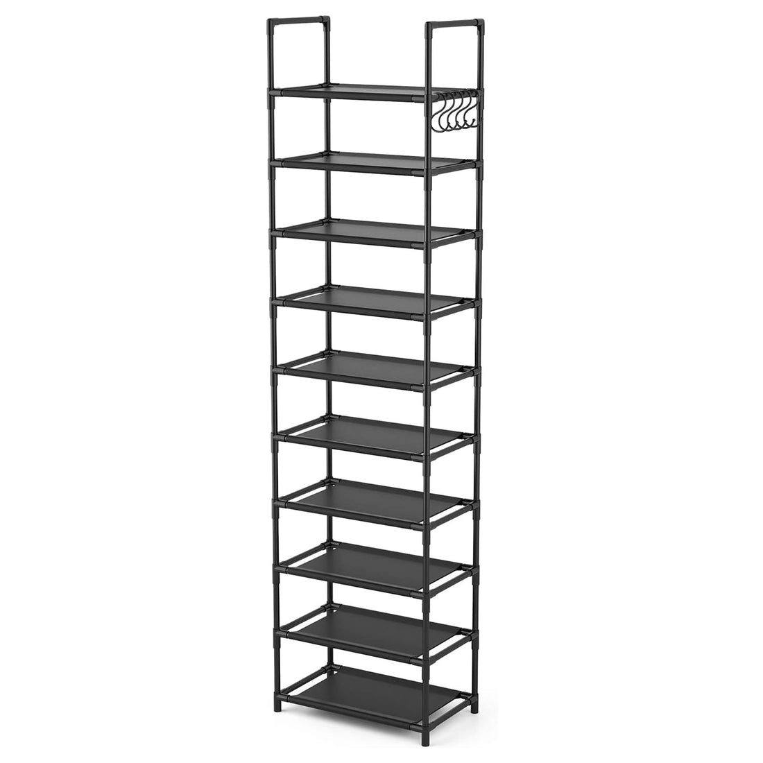 Organizator pentru Pantofi Elindor® Pantofar cu 10 Nivele Mari si 5 Carlige Metalice, Fara Gauri, Suport Metalic pentru Papuci, Dulap Hol, Dormitor, Economisire Spatiu, Depozitare Incaltaminte, 25.5 × 43 × 173 cm, Negru