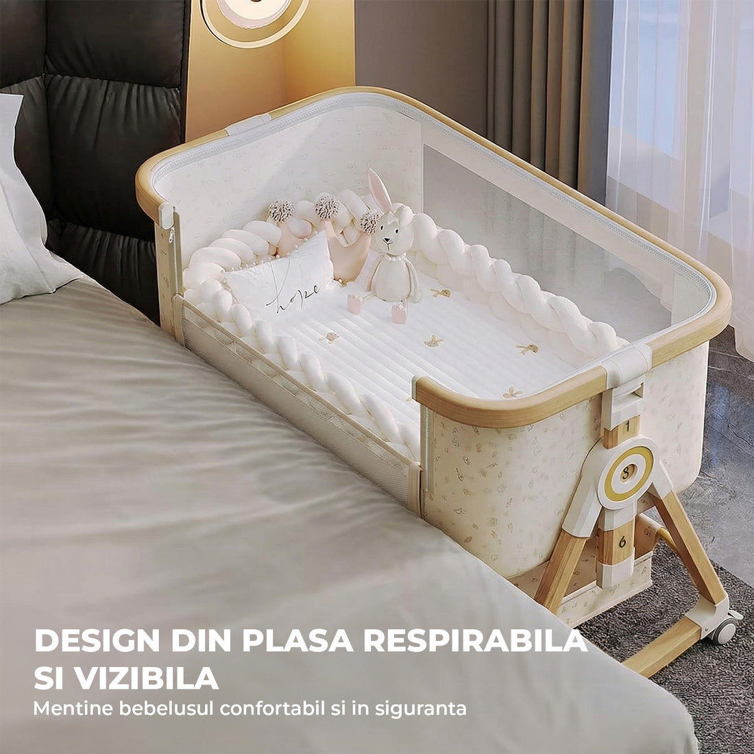 Patut Pliabil Bebelusi Elindor® 4 in 1, Copii 0-12 luni, Leagan Bebe, 6 Trepte de Inaltime Reglabila, Portabil, Plasa Laterala, Roti cu Sistem Blocare, Greutate Maxima 10 kg, Bej