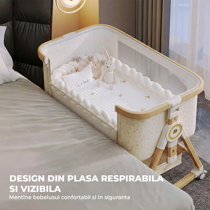 Patut Pliabil Bebelusi Elindor® 4 in 1, Copii 0-12 luni, Leagan Bebe, 6 Trepte de Inaltime Reglabila, Portabil, Plasa Laterala, Roti cu Sistem Blocare, Greutate Maxima 10 kg, Bej