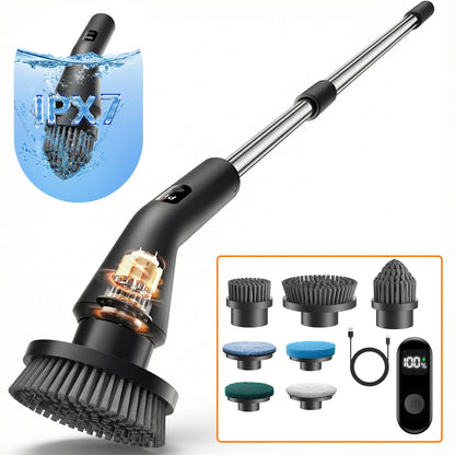 Perie Electrica Rotativa Elindor®, IPX7, 7 Capete Interschimbabile, Maner Telescopic 71.2 cm din Otel Inoxidabil, 2 Trepte de Viteza, 90 Minute Autonomie, pentru Curatare Bucatarie, Baie, Pardoseala, Geamuri, Negru