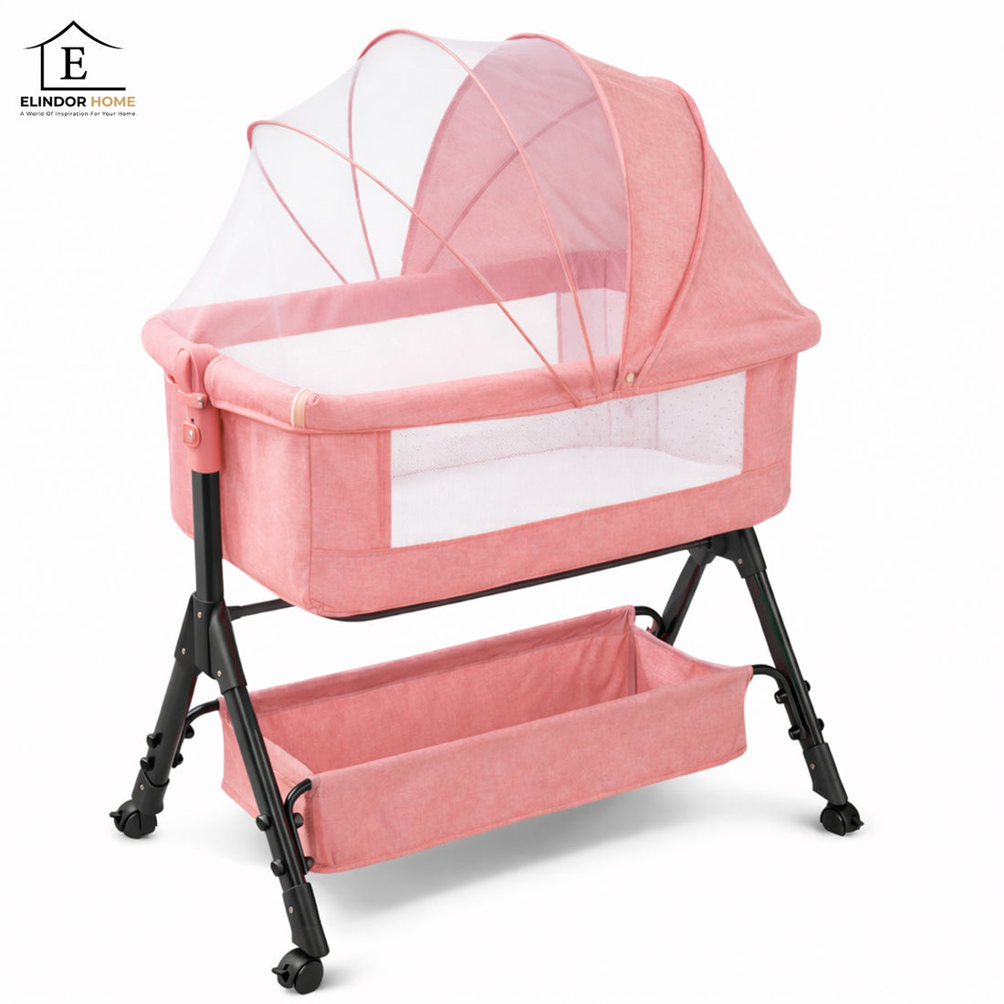 Patut Pliabil Bebelusi Elindor® 3 in 1, Leagan Bebe, Inaltime Reglabila, Portabil, Plasa Laterala, Roti cu Sistem Blocare, 104 x 58 x 80 cm, Roz
