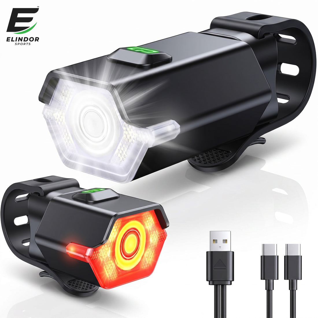 Set Lumini pentru Bicicleta Elindor®, Far Fata si Stop Spate LED, 9 Moduri de Iluminare, Incarcare USB-C, Impermeabil IP65, Faruri cu Acumulator Reincarcabil, Accesorii Bicicleta, Montare Rapida, Negru