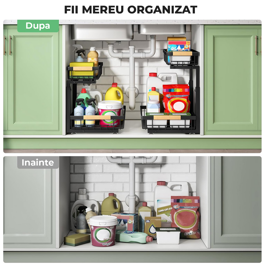 Set 2 Organizatoare Multifunctionale Elindor® pe 2 Nivele, 2x Sertar Glisant, Montat pe Blat sau in Dulap sub Chiuveta, Suport Metalic Organizare, Organizator pentru Bucatarie, Baie, Camara, Raft cu Sertare Depozitare Legume, Parfumuri, 41
