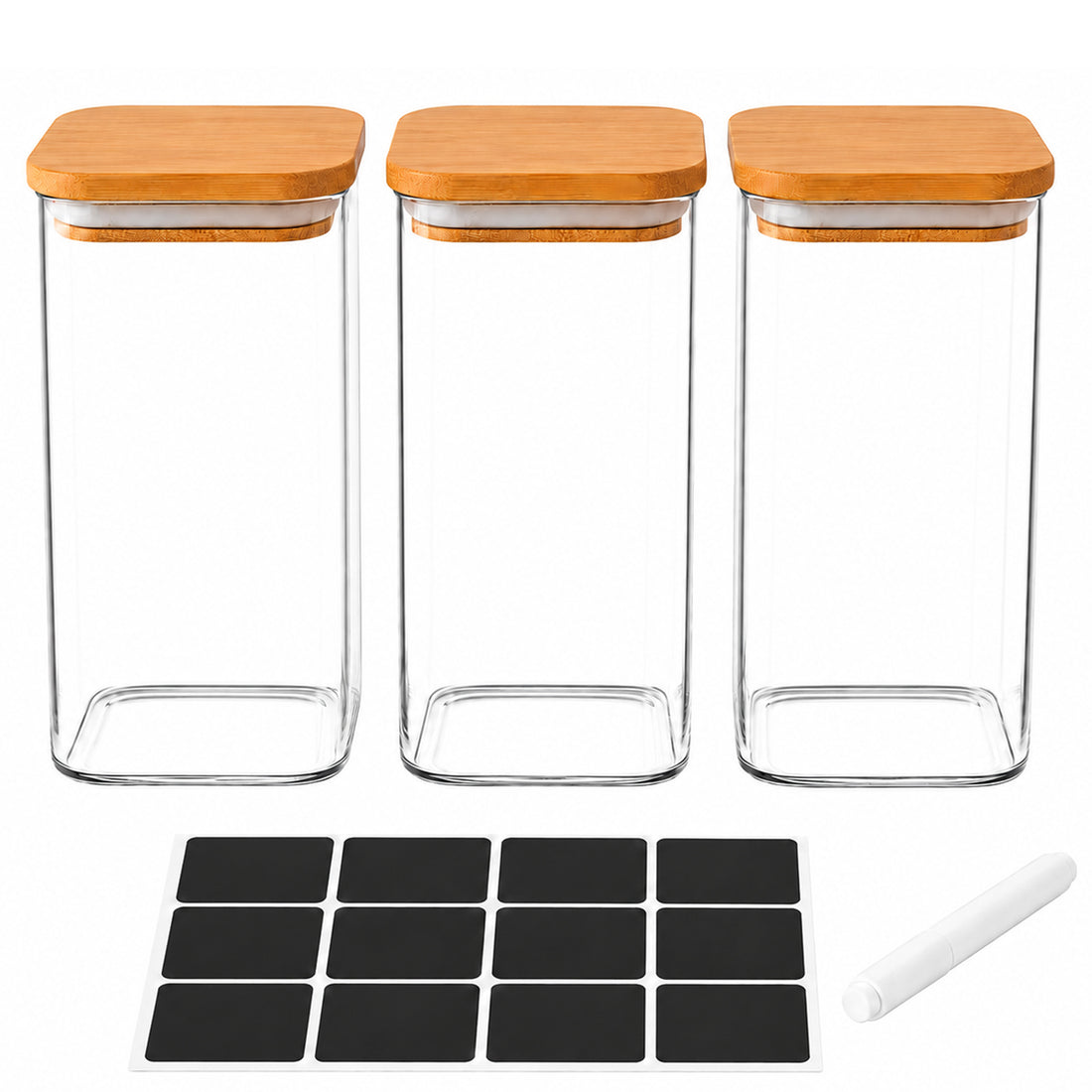 Set 3 Borcane din Sticla Elindor® cu Capac Ermetic din Bambus, Borcan 1500 ml, Marker si Etichete Incluse, Ideal pentru Condimente, Fructe Uscate, Cafea, Zahar, Recipient Depozitare in Bucatarie, 20 × 10 cm, Transparent