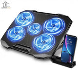 Cooler Laptop Gaming RGB Elindor® Suport cu Unghi Reglabil pe 5 Nivele, Viteza Ajustabila, Dimensiuni Compatabile 12-15.6 Inch, 5 Ventilatoare Puternice si Silentioase, 2 Porturi USB, Suport Telefon, pentru Birou, Calatorii, 36 × 25.5 × 2.7 cm, Negru