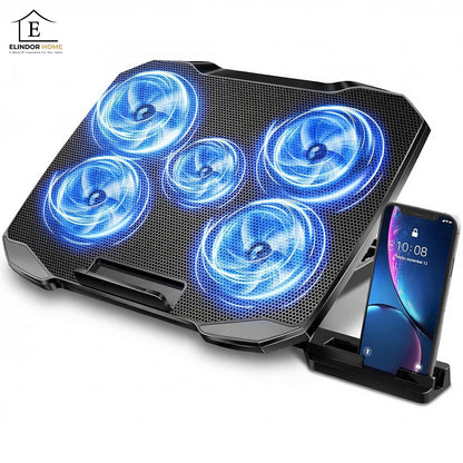 Cooler Laptop Gaming RGB Elindor® Suport cu Unghi Reglabil pe 5 Nivele, Viteza Ajustabila, Dimensiuni Compatabile 12-15.6 Inch, 5 Ventilatoare Puternice si Silentioase, 2 Porturi USB, Suport Telefon, pentru Birou, Calatorii, 36 × 25.5 × 2.7 cm, Negru