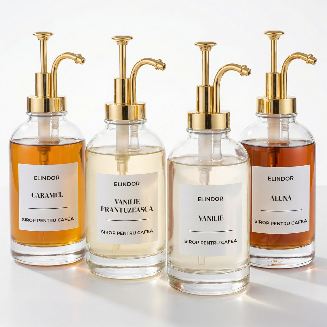 Set 4 Dispensere Sirop Cafea Elindor® din Sticla cu Pompa Aurie Inox si Plastic, Organizator Bucatarie, Organizatoare Sertar, Recipient 500 ml, 22 × 8.1 cm, Transparent