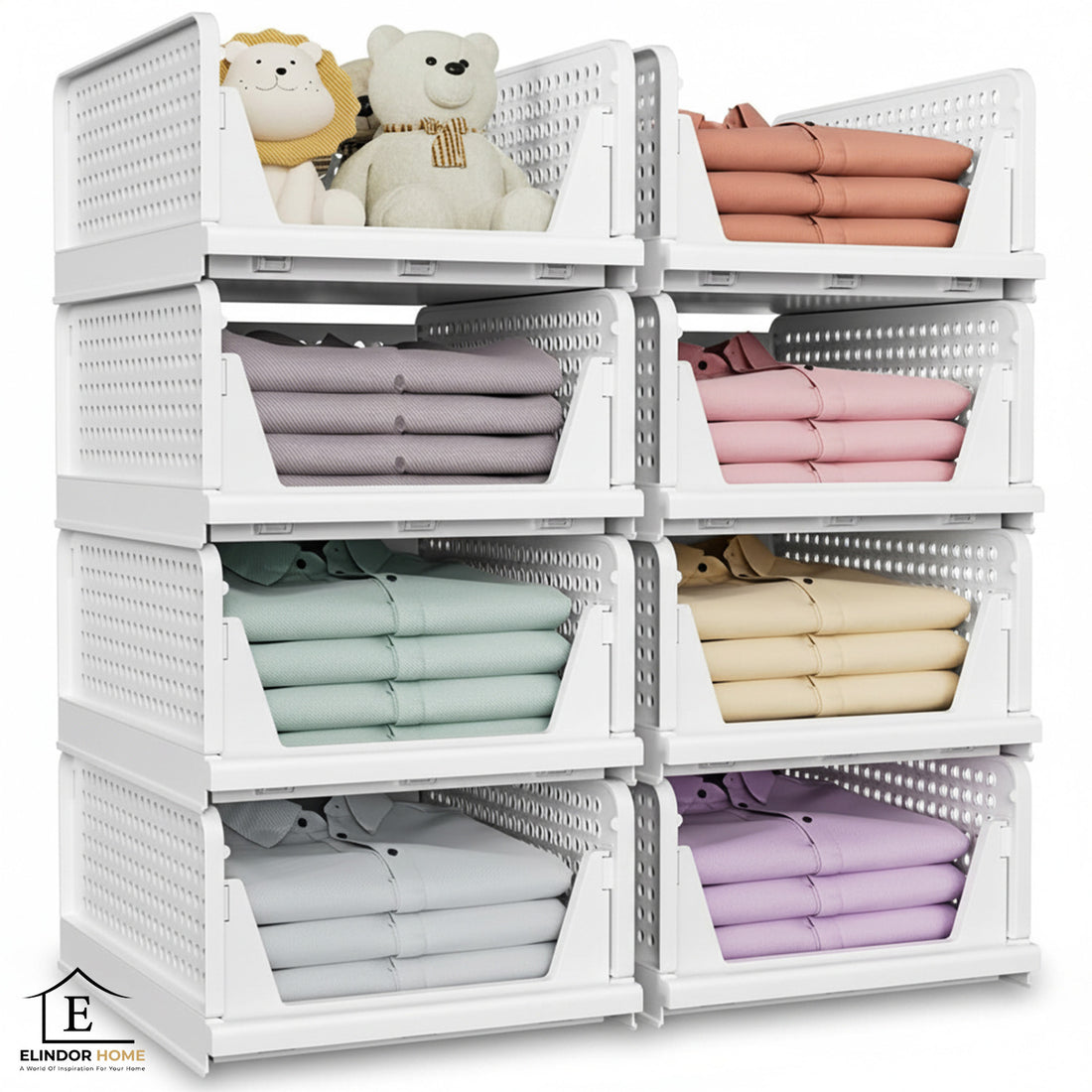 Set 8 Organizatoare Dulap Elindor®, Cutii Depozitare Stivuibile si Pliabile, Organizator pentru Dormitor, Cutie Organizare, Cos Multifunctional, Separator Haine, Paturi, Perne, Pilote, Jucarii, 42.5 × 33.3 × 8.5 cm, Alb